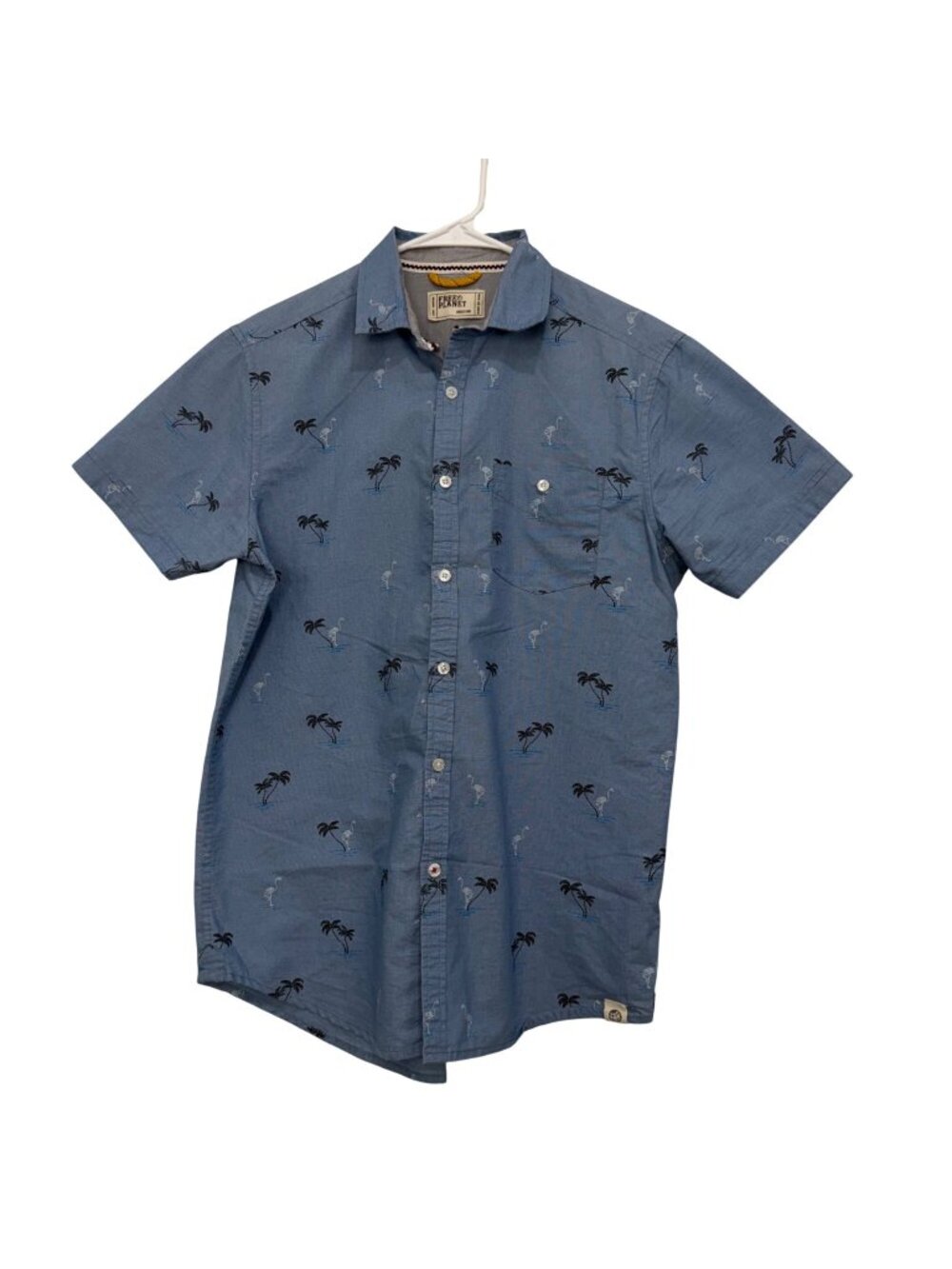Free Planet Mens Blue Button-Up Shirt With Palm Tree & Flamingo Print SZ Medium